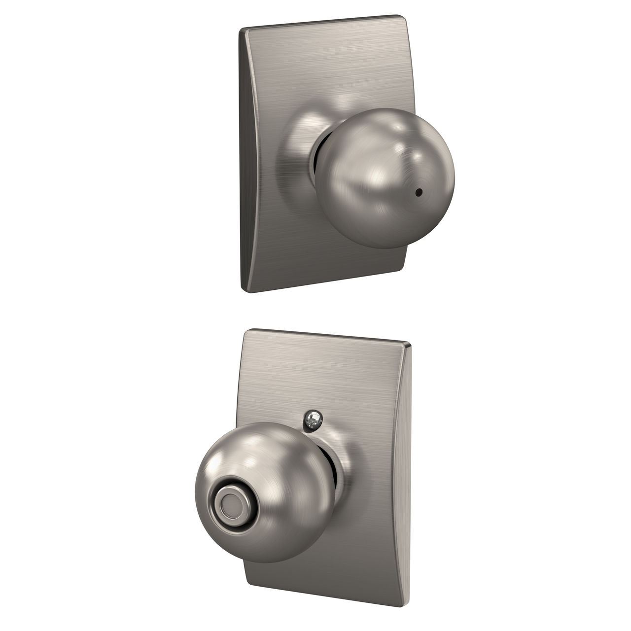 Serrure avec bouton Orbit et garniture Century pour chambre de bain et chambre à coucher