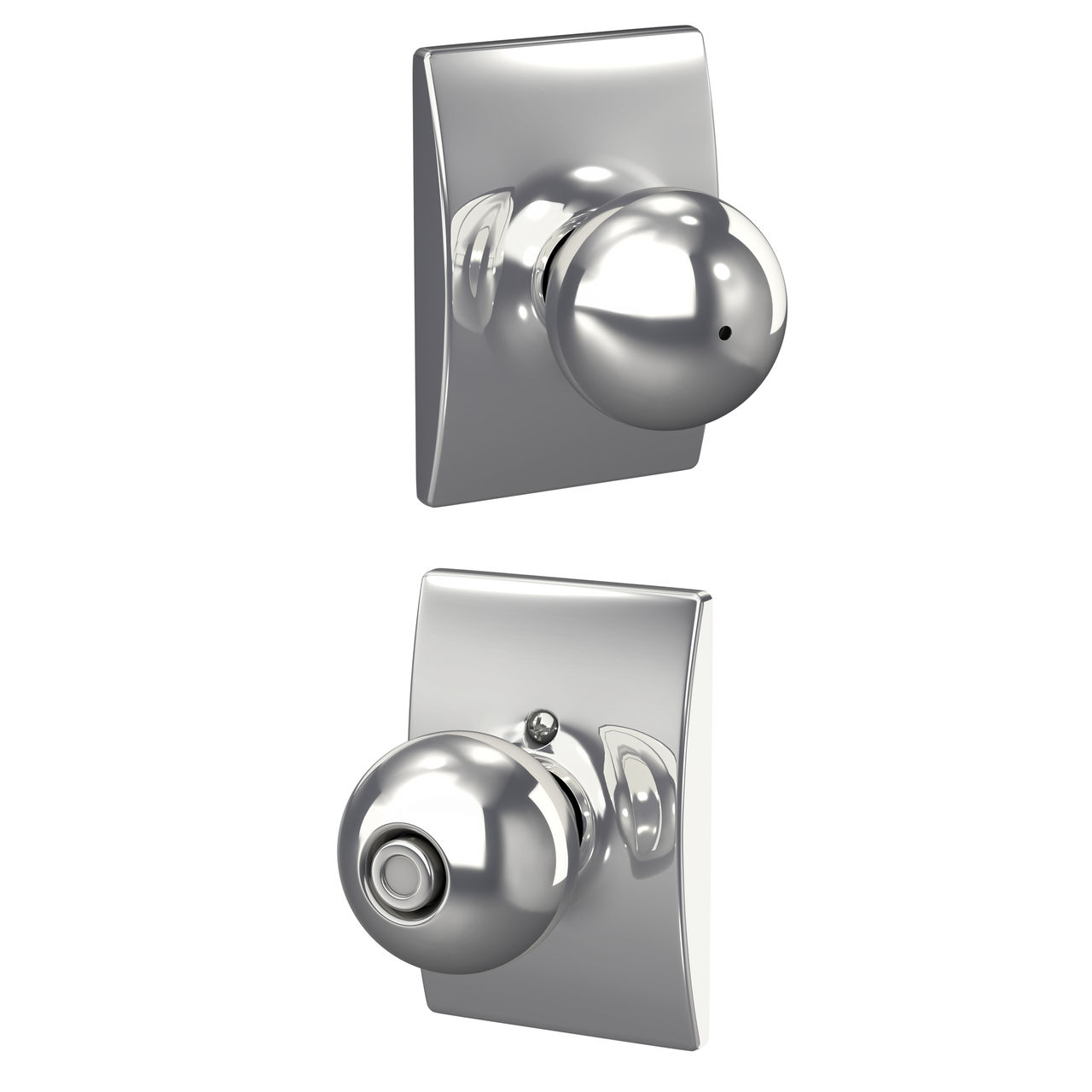 Serrure avec bouton Orbit et garniture Century pour chambre de bain et chambre à coucher