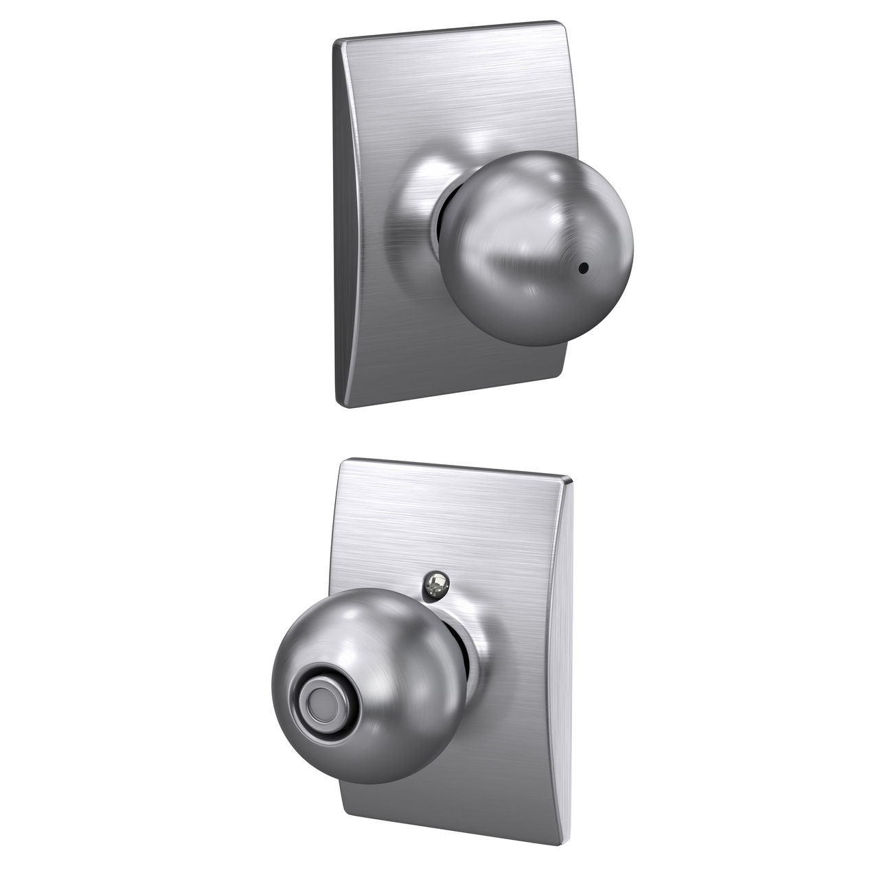 Serrure avec bouton Orbit et garniture Century pour chambre de bain et chambre à coucher